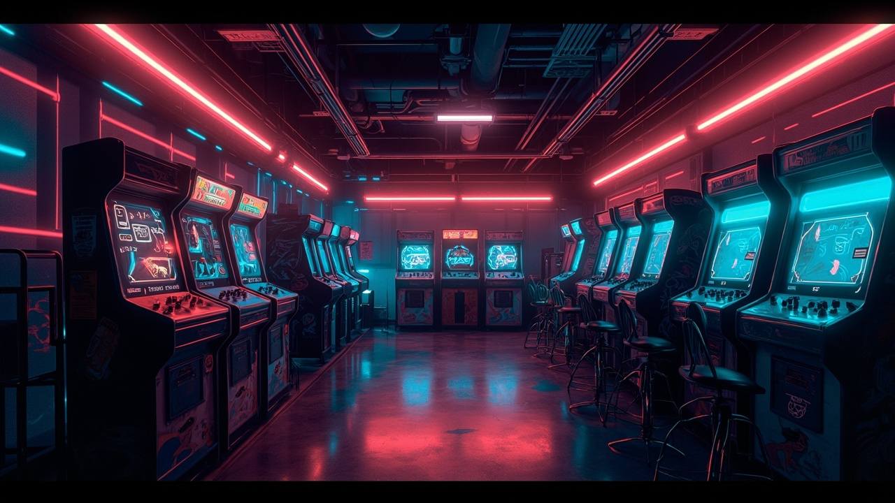 Illustration of a neon-lit retro arcade interior