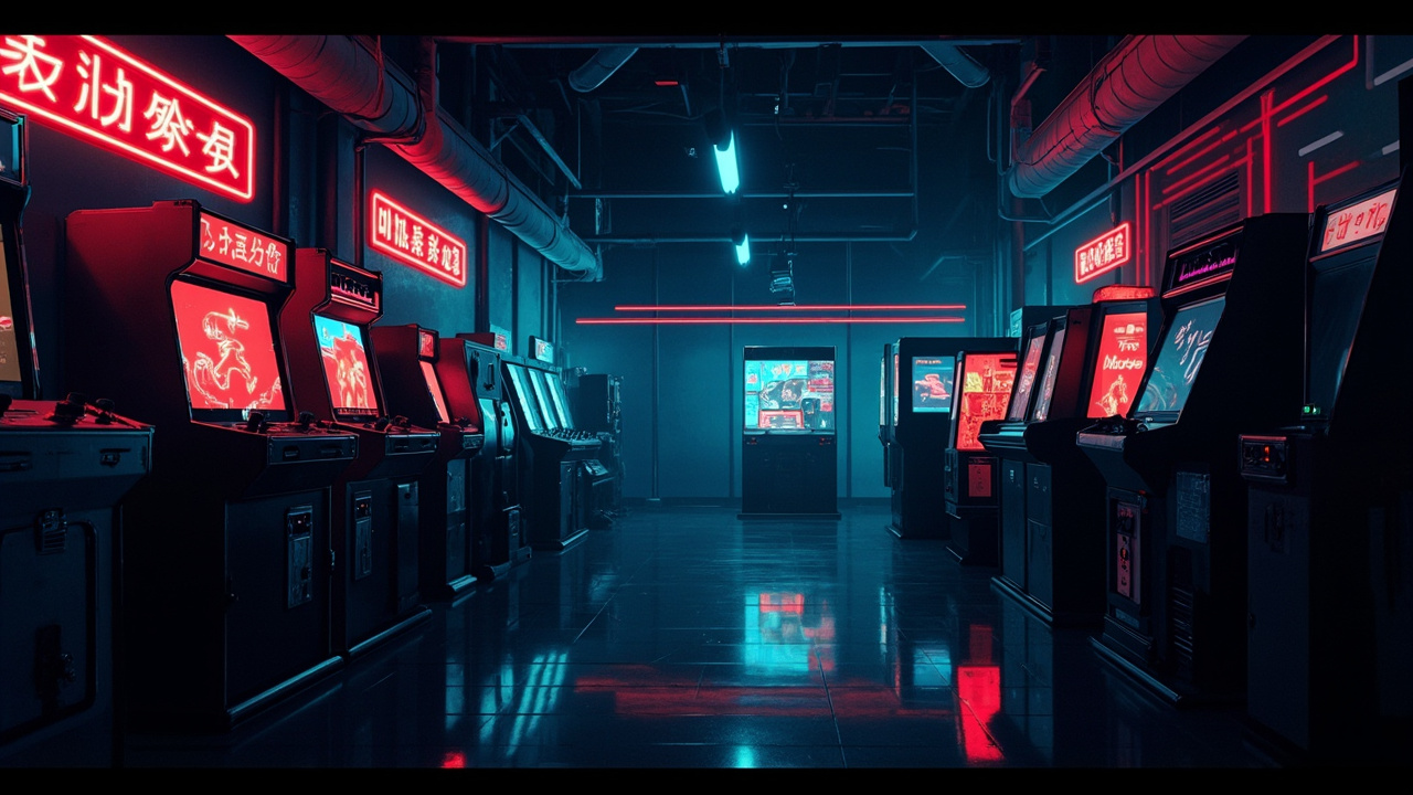 Illustration of a neon-lit retro arcade interior
