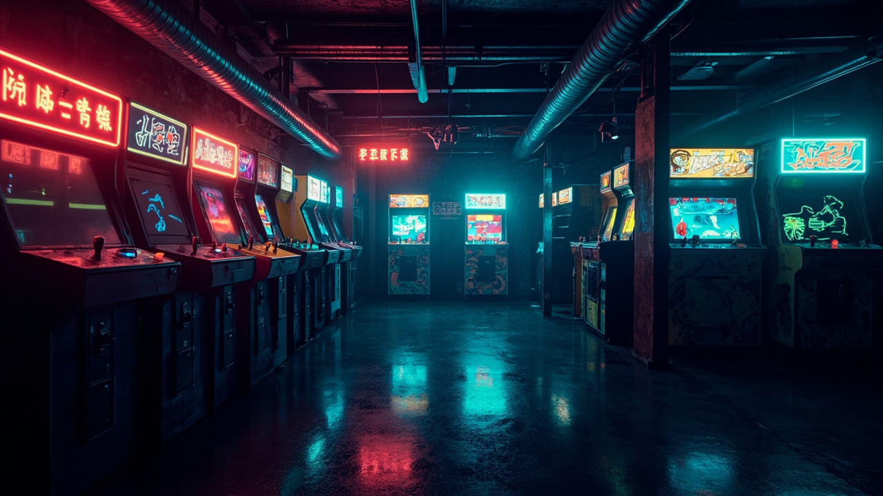 Illustration of a neon-lit retro arcade interior