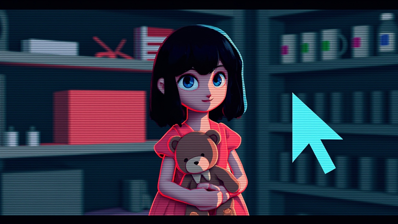 Illustration: A pixelated image of a figure in a pink dress holding a teddy bear is superimposed over a blurred background of shelves containing various items. A blue pixelated hand cursor points to the right.