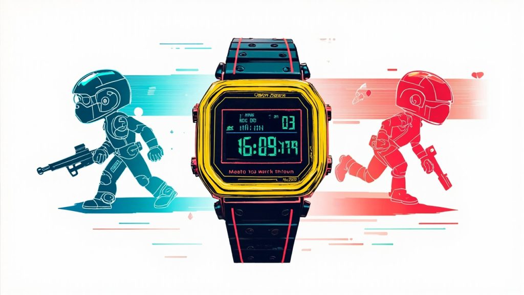 Illustration: A bright yellow digital wristwatch with a metal wire guard sits against a white background, flanked by two pixelated character sprites.