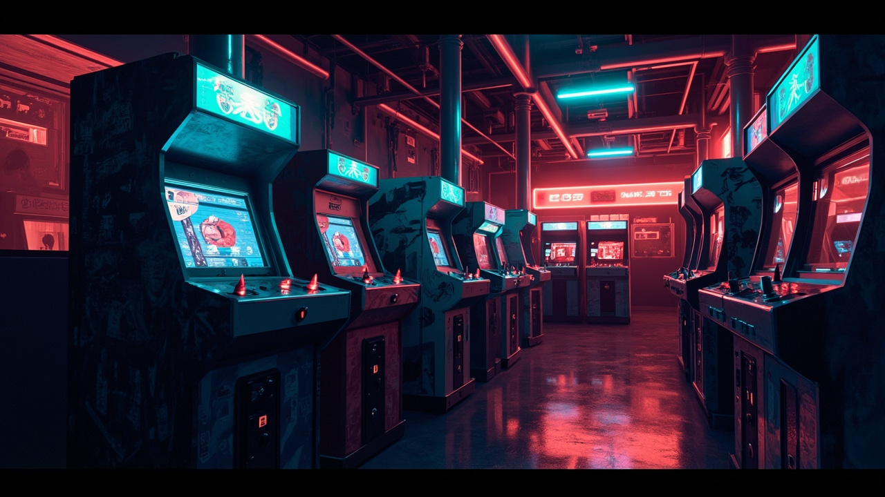 Illustration of a neon-lit retro arcade interior