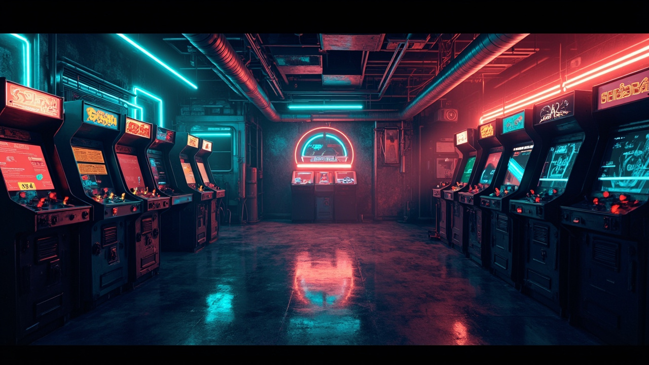 Illustration of a neon-lit retro arcade interior