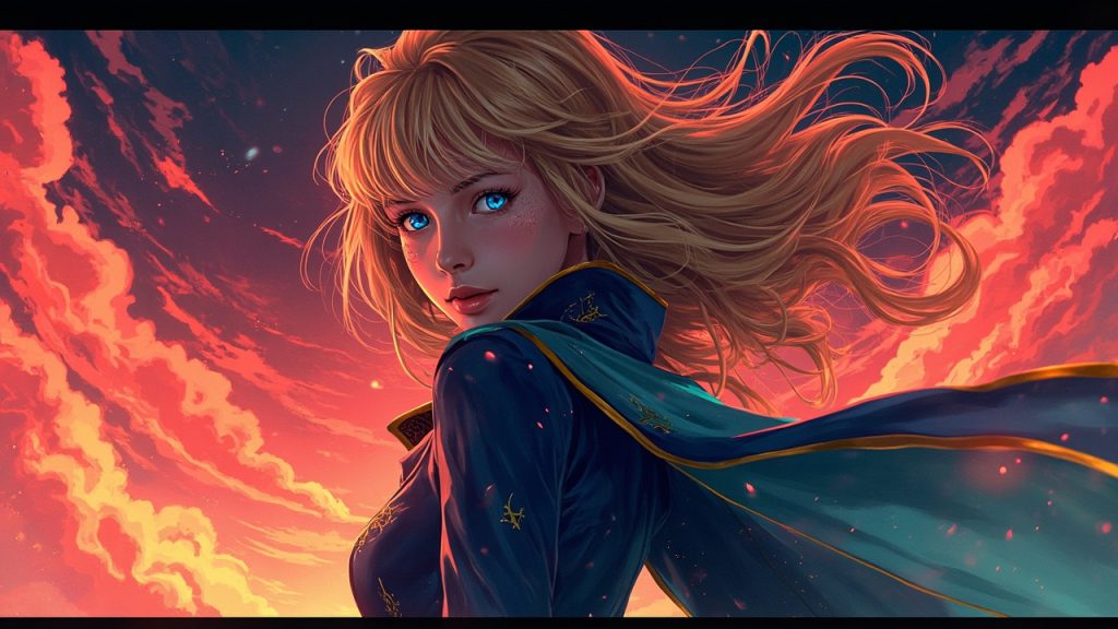 Illustration: An anime-style illustration depicts a character with flowing blonde hair and blue eyes, clad in a teal and gold-trimmed garment, set against a dramatic sky of fiery orange and crimson clouds.