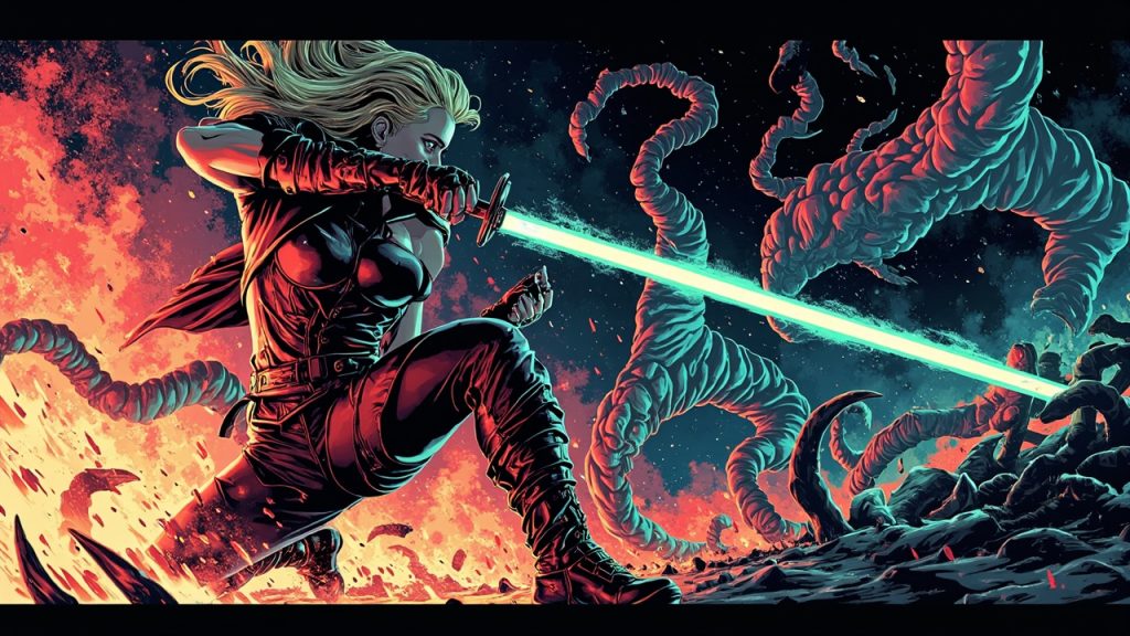 Illustration: A dynamic comic-book style illustration depicts a blonde warrior in a red gauntlet swinging a glowing sword at clawed monsters amid swirling flames and chaos.
