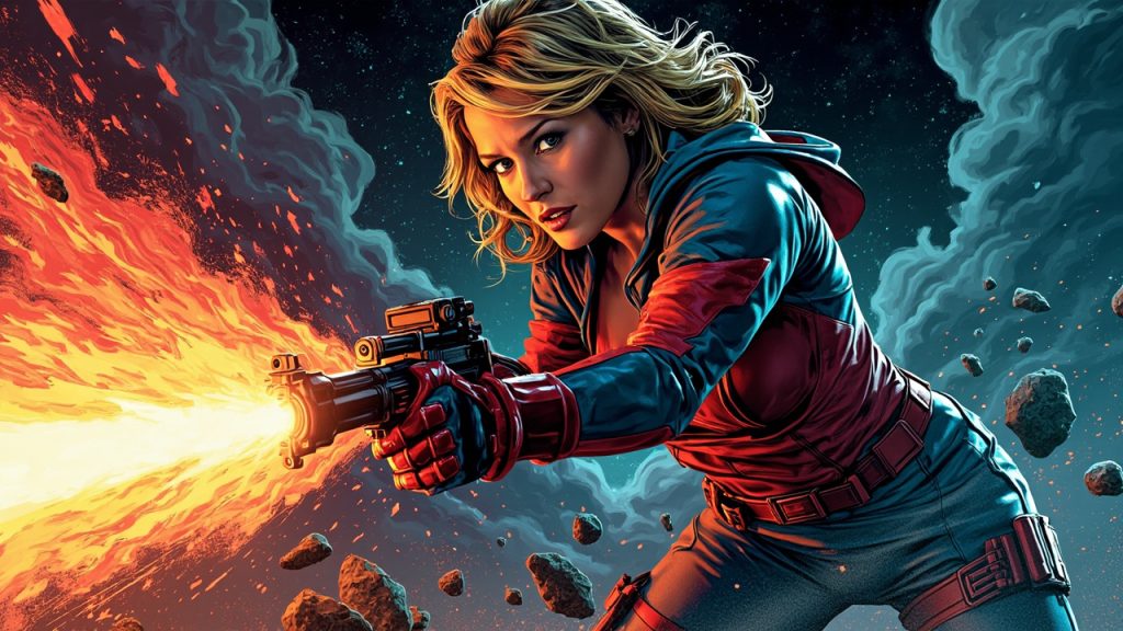 Illustration: A comic book illustration panel depicts a blonde woman in a red and blue costume gripping a rocky, flame-engulfed object amidst swirling fire and smoke.