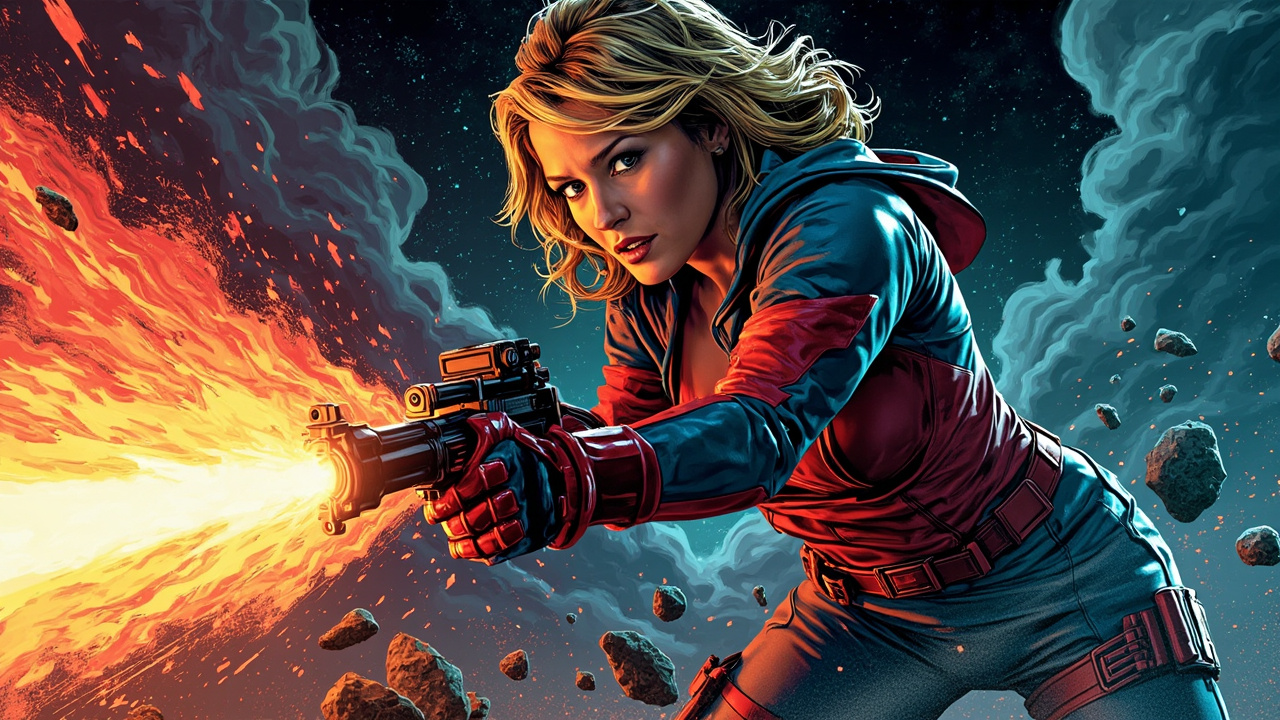 Illustration: A comic book illustration panel depicts a blonde woman in a red and blue costume gripping a rocky, flame-engulfed object amidst swirling fire and smoke.