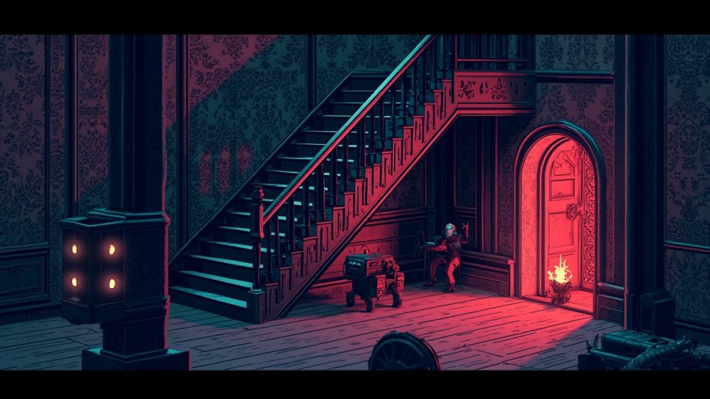 Illustration: A retro pixel-art video game scene displayed on a screen, depicting a stone staircase against ornate wallpaper, leading down to a wooden floor where a character holds a glowing red item near a small flame.