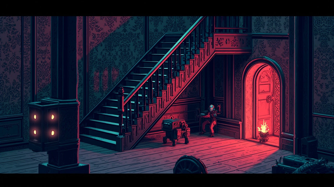 Illustration: A retro pixel-art video game scene displayed on a screen, depicting a stone staircase against ornate wallpaper, leading down to a wooden floor where a character holds a glowing red item near a small flame.