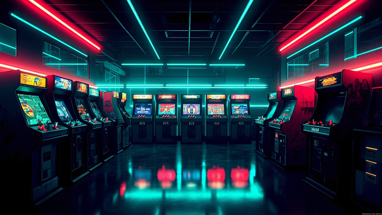 Illustration of a neon-lit retro arcade interior
