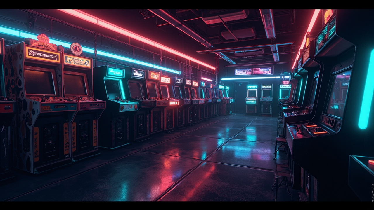 Illustration of a neon-lit retro arcade interior