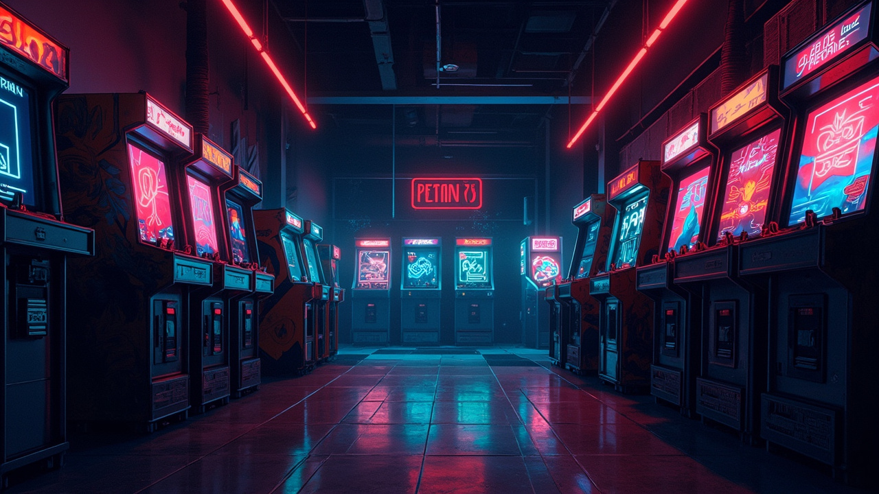 Illustration of a neon-lit retro arcade interior