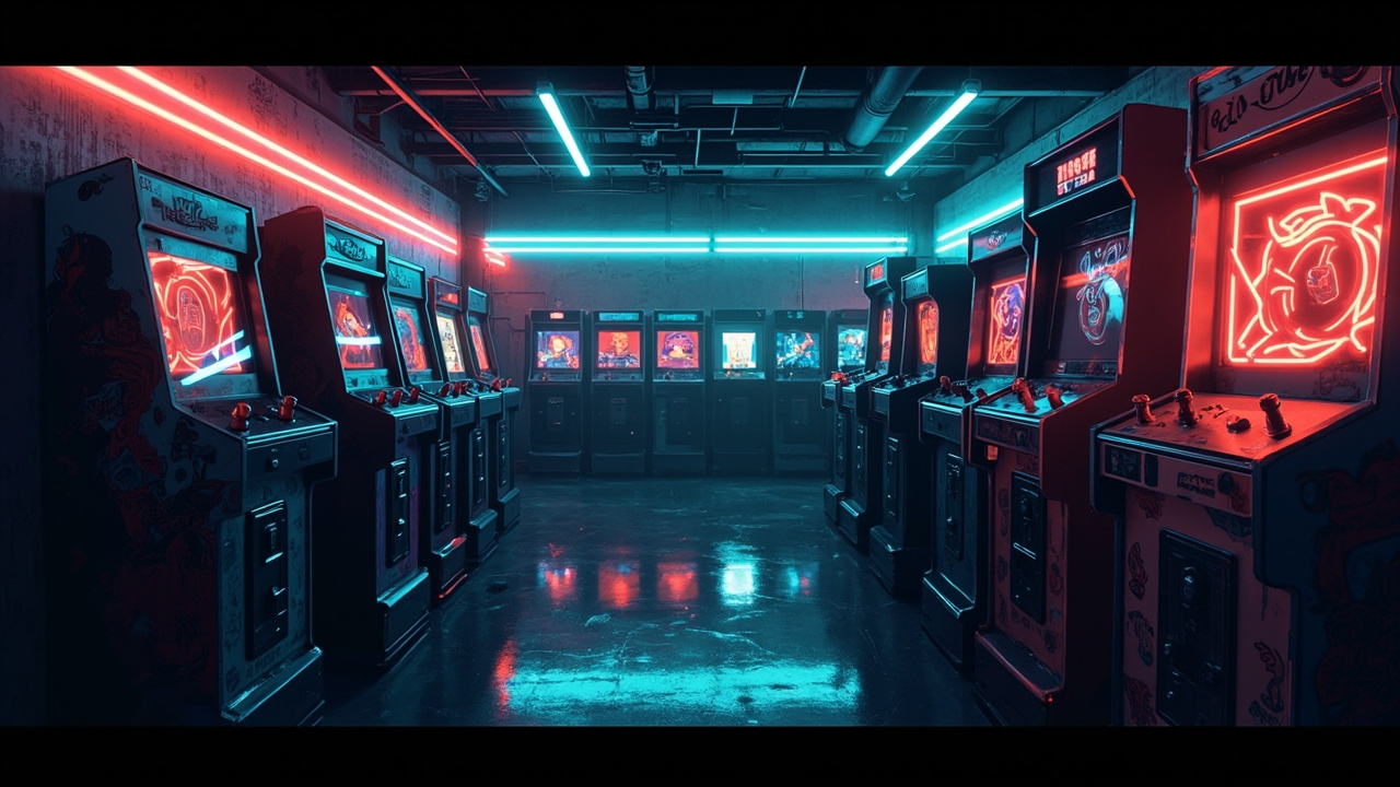 Illustration of a neon-lit retro arcade interior