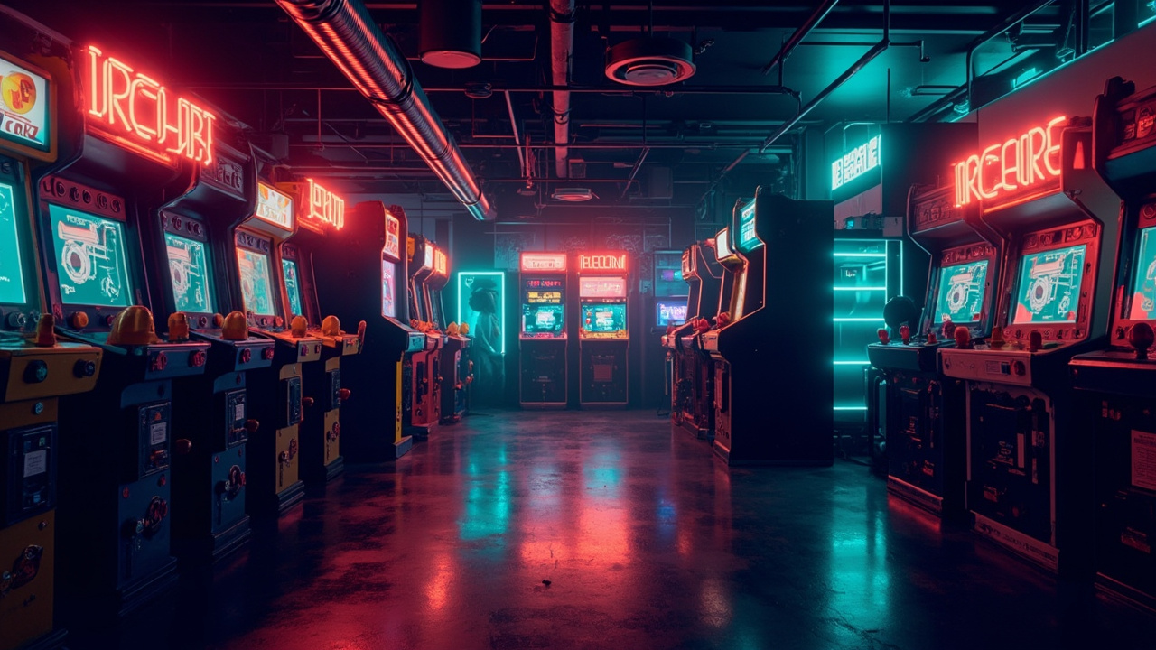 Illustration of a neon-lit retro arcade interior