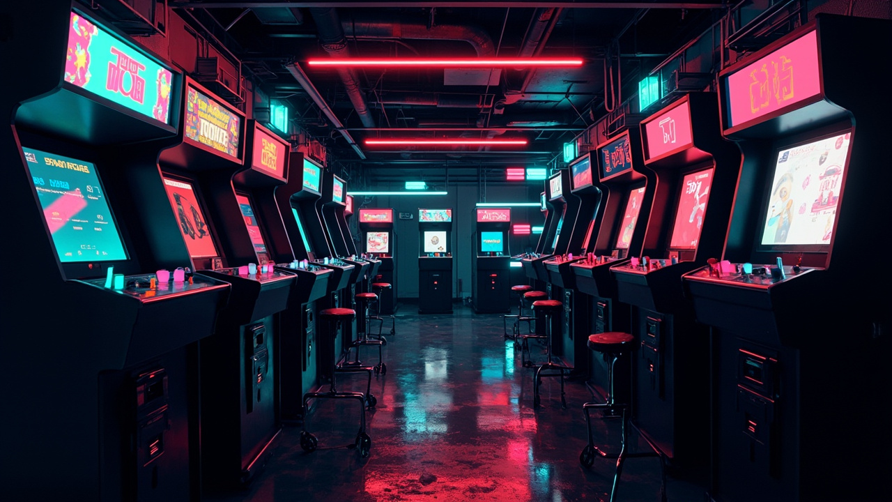 Illustration of a neon-lit retro arcade interior