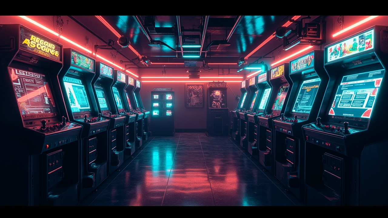 Illustration of a neon-lit retro arcade interior