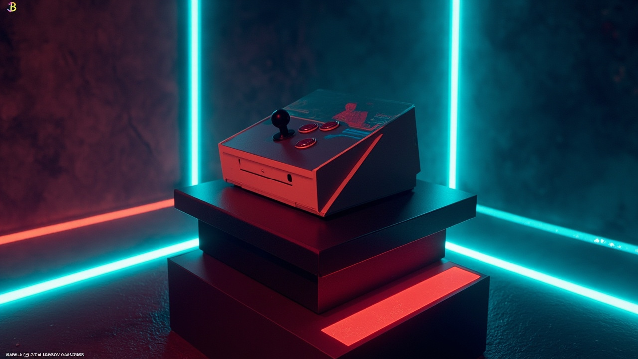Illustration of retro gaming hardware in synthwave style
