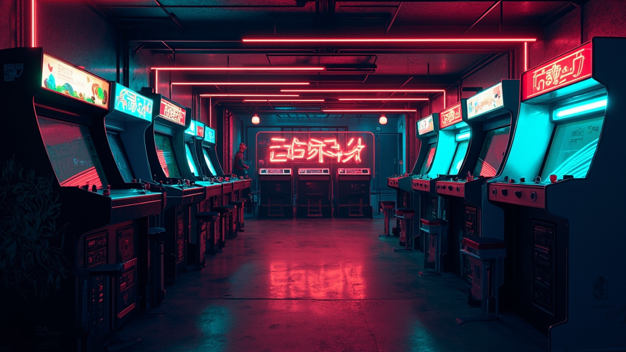 Illustration of a neon-lit retro arcade interior