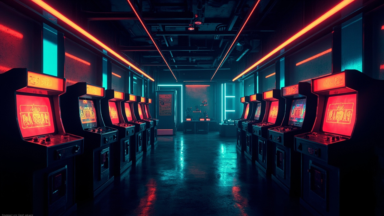 Illustration of a neon-lit retro arcade interior