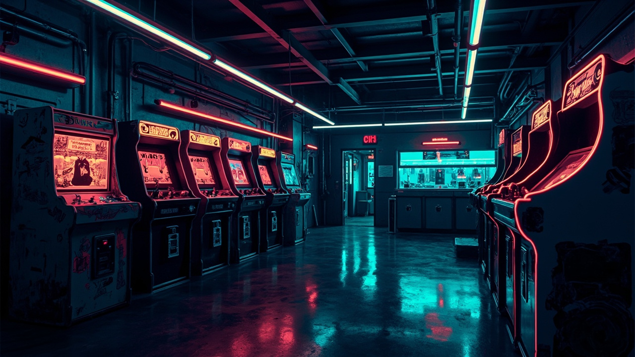 Illustration of a neon-lit retro arcade interior