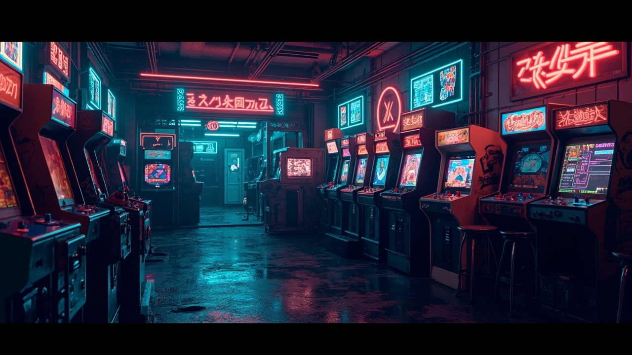 Illustration of a neon-lit retro arcade interior