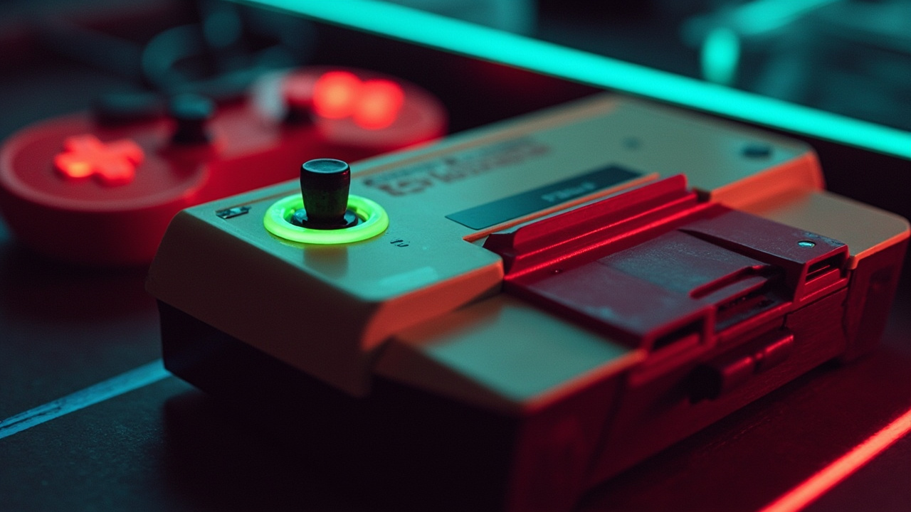 Illustration: A close-up view of a cream and maroon retro video game console featuring a glowing green power switch, a red sliding mechanism, and a partially inserted dark red cartridge with a red controller visible in the background.