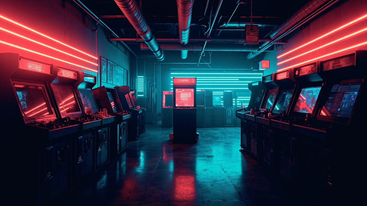Illustration of a neon-lit retro arcade interior