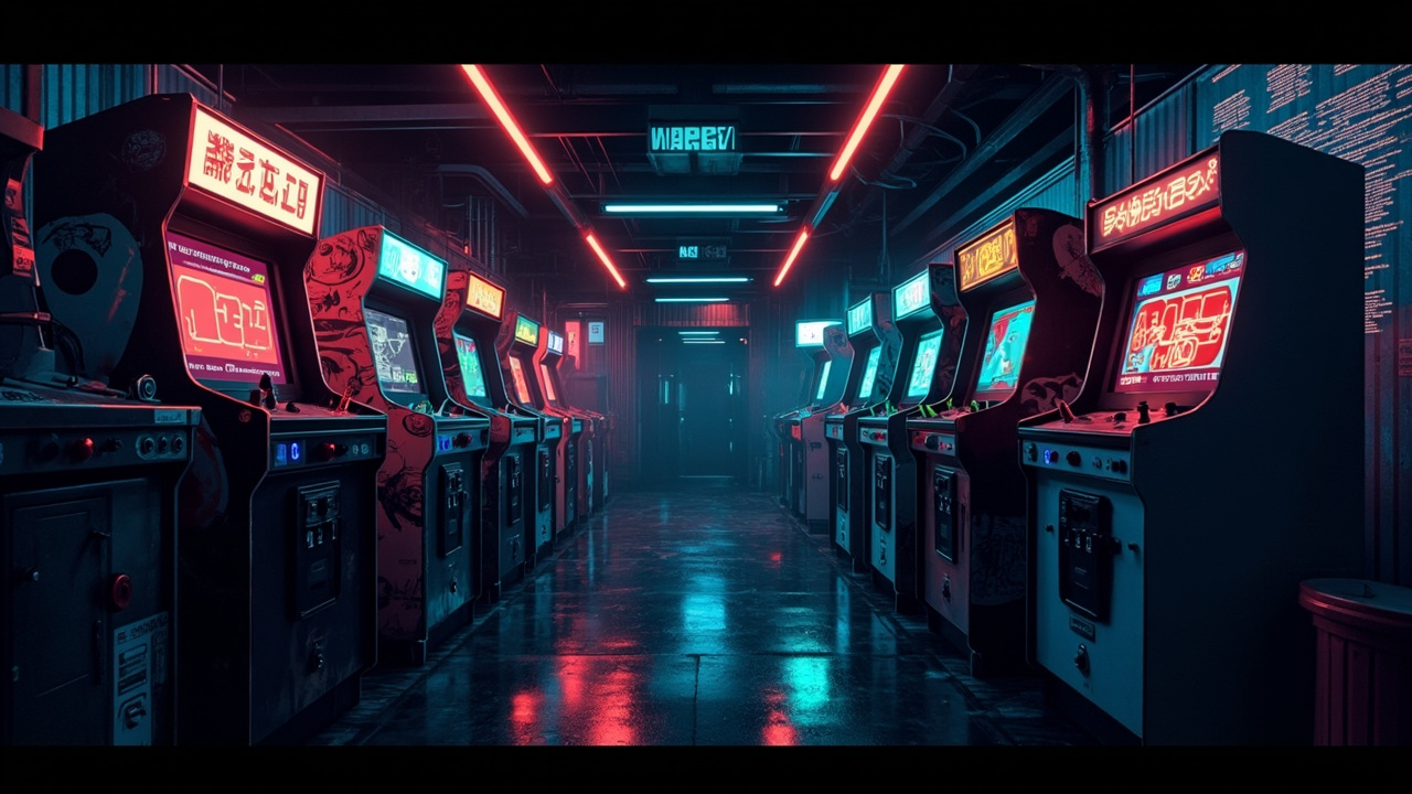 Illustration of a neon-lit retro arcade interior