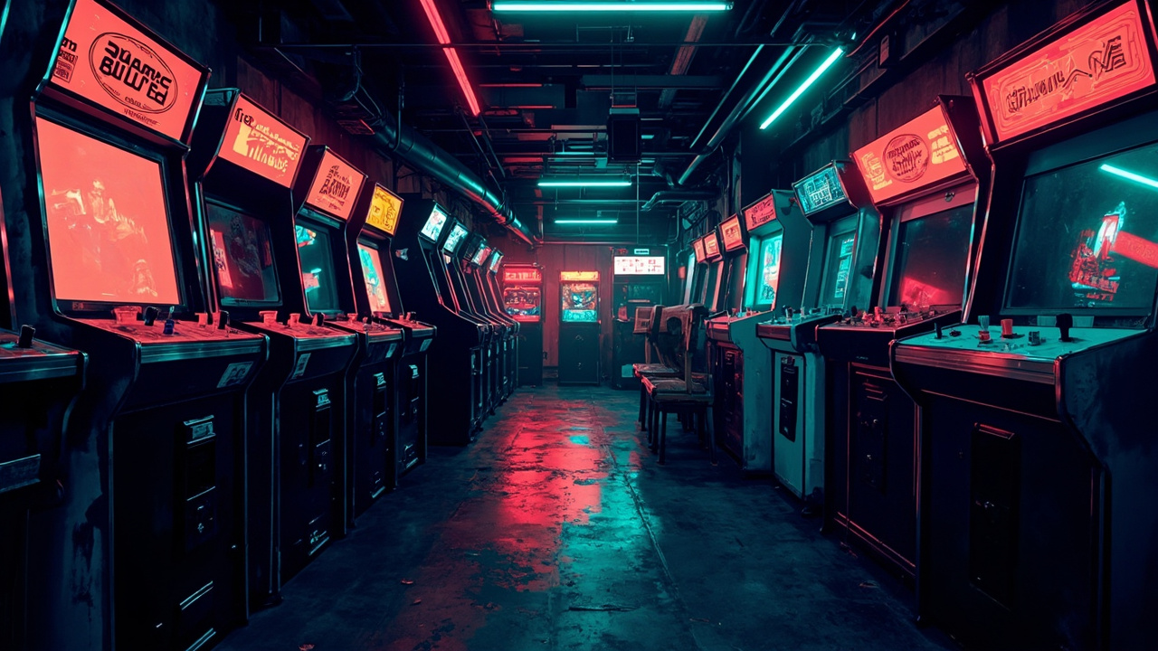 Illustration of a neon-lit retro arcade interior