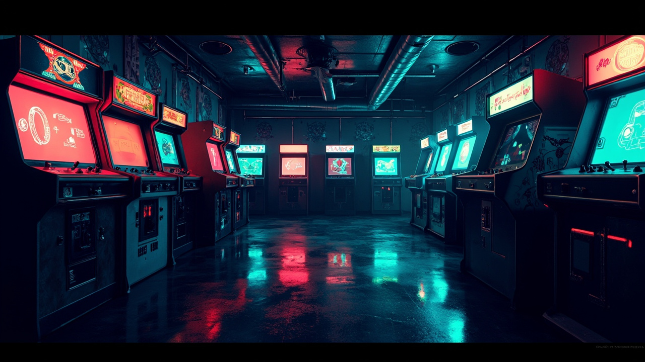 Illustration of a neon-lit retro arcade interior
