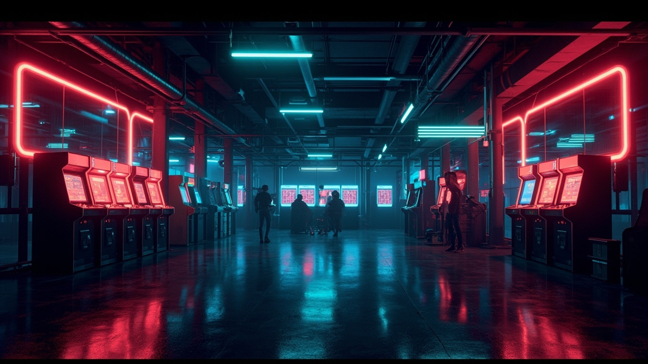 Illustration of a neon-lit retro arcade interior