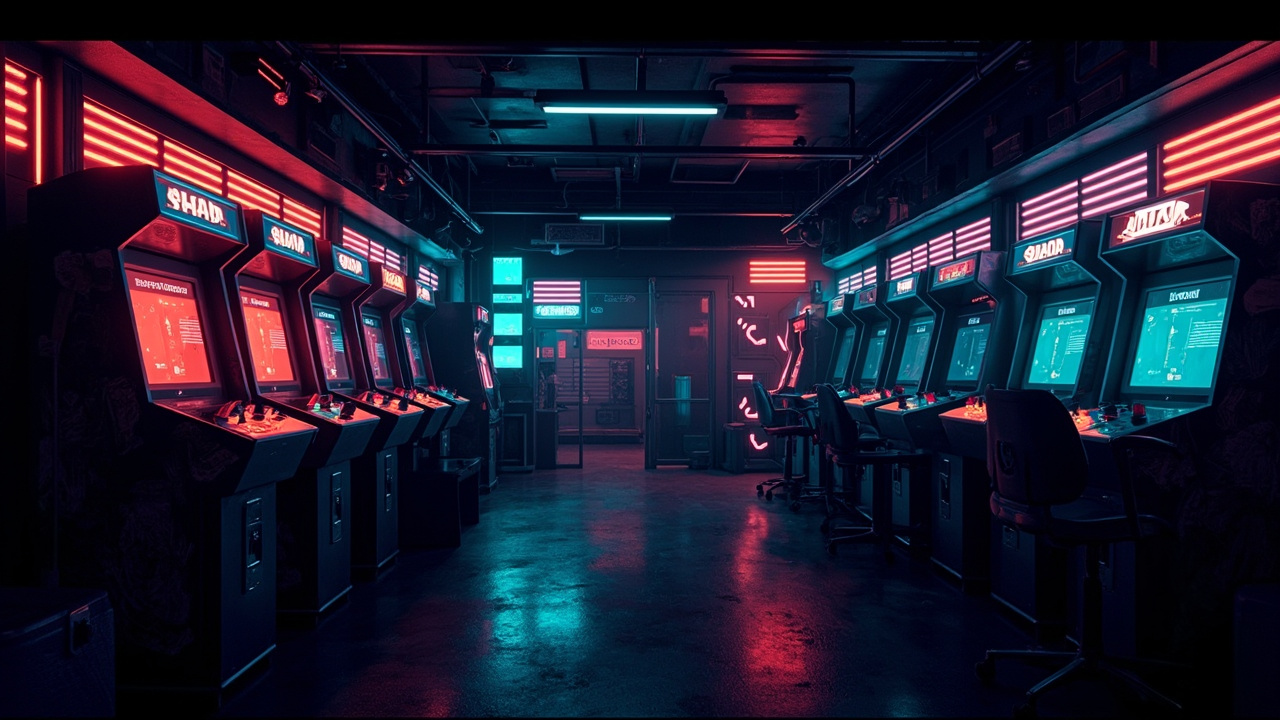 Illustration of a neon-lit retro arcade interior
