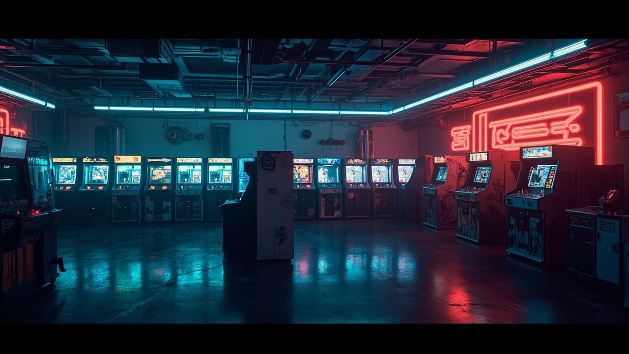 Illustration of a neon-lit retro arcade interior