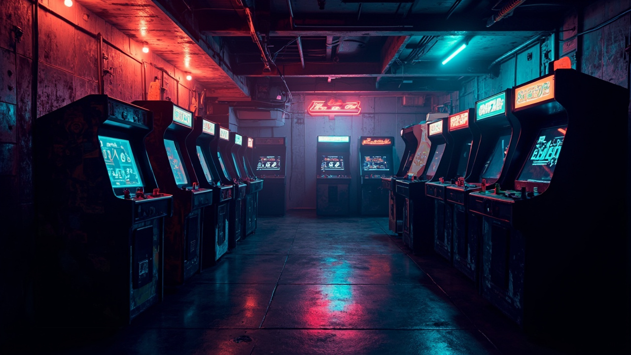 Illustration of a neon-lit retro arcade interior
