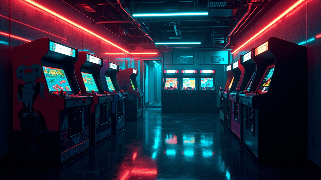 Illustration of a neon-lit retro arcade interior
