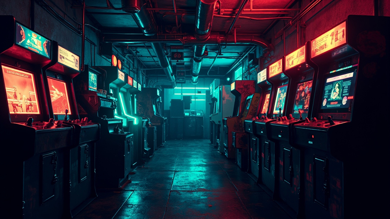 Illustration of a neon-lit retro arcade interior