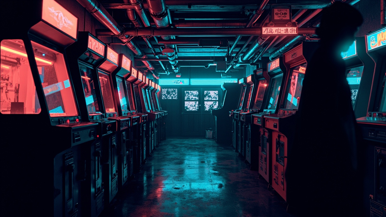Illustration of a neon-lit retro arcade interior