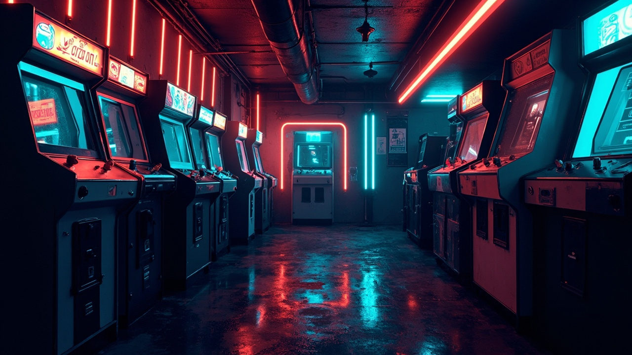 Illustration of a neon-lit retro arcade interior