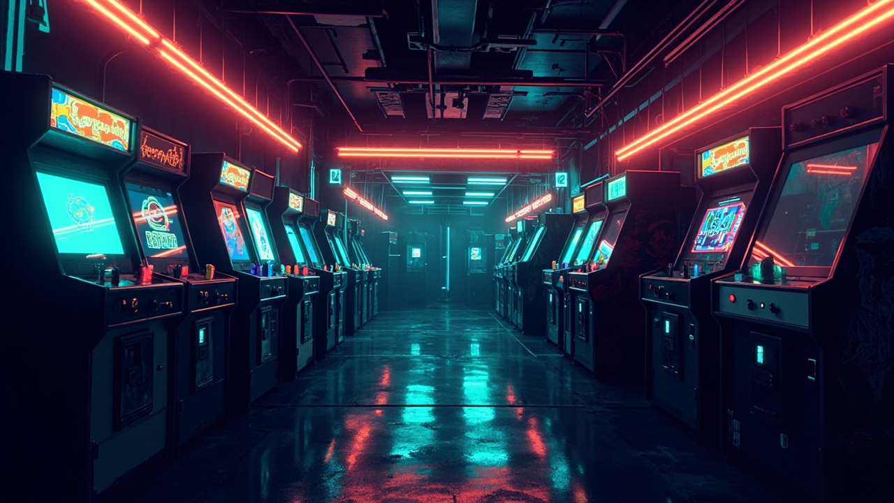 Illustration of a neon-lit retro arcade interior