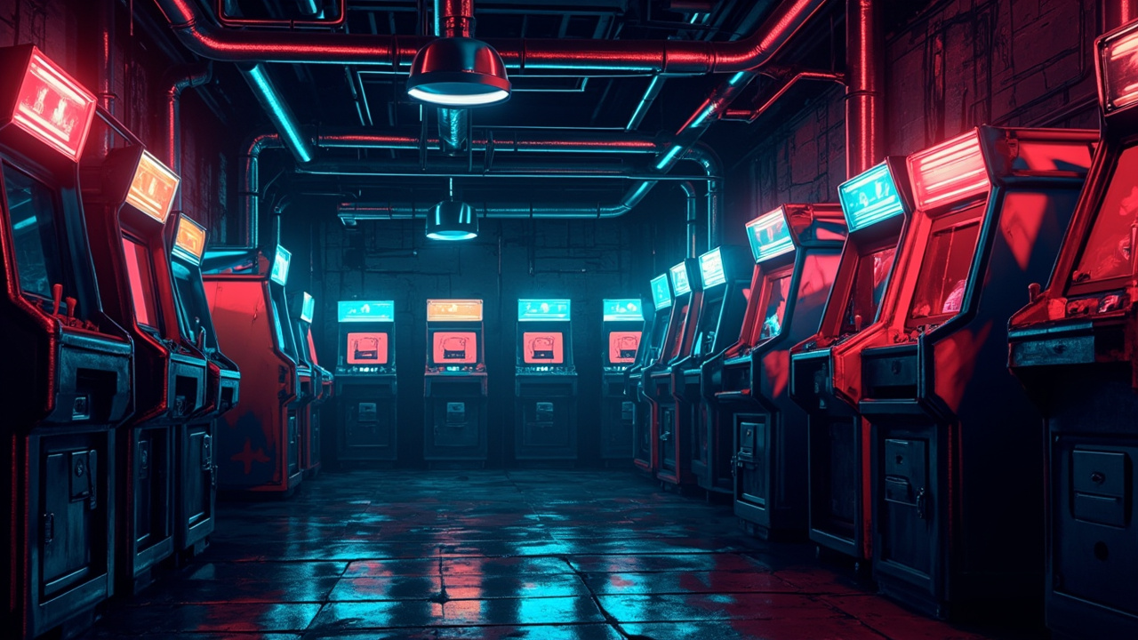 Illustration of a neon-lit retro arcade interior