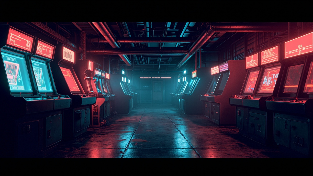 Illustration of a neon-lit retro arcade interior