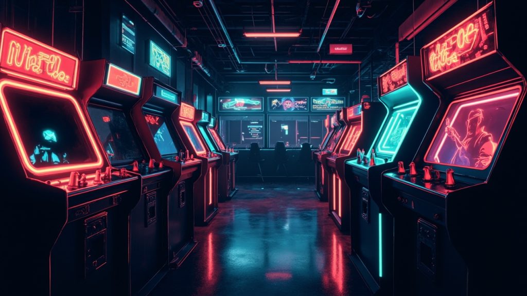 Illustration of a neon-lit retro arcade interior