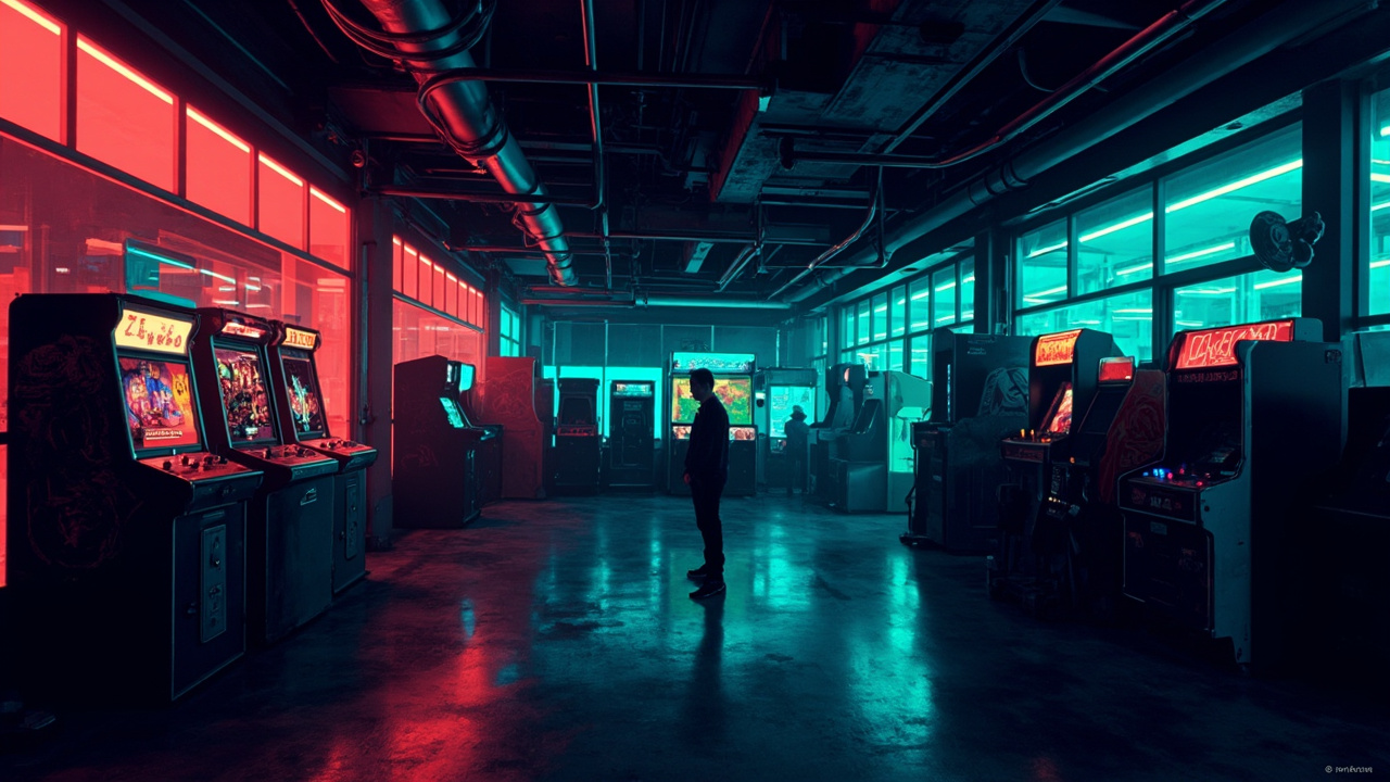 Illustration of a neon-lit retro arcade interior