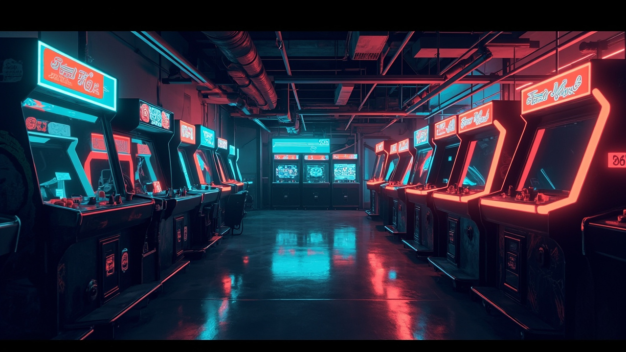 Illustration of a neon-lit retro arcade interior