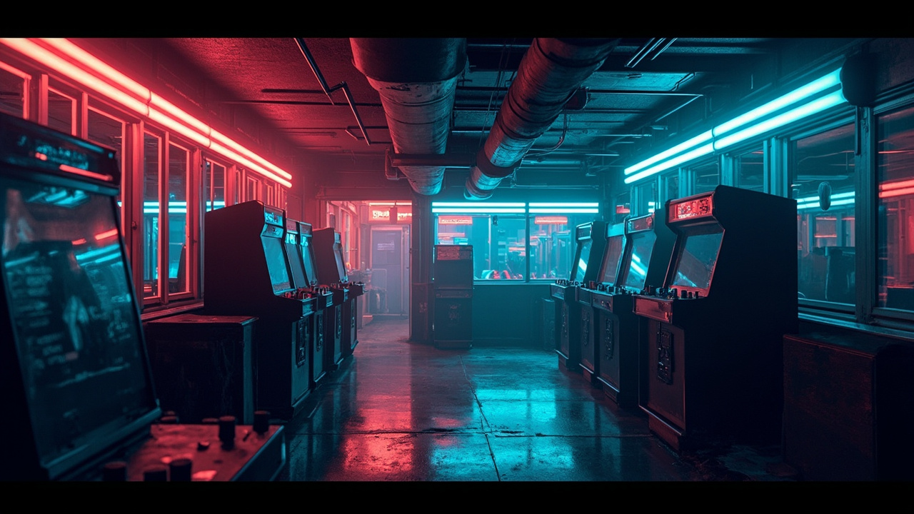 Illustration of a neon-lit retro arcade interior