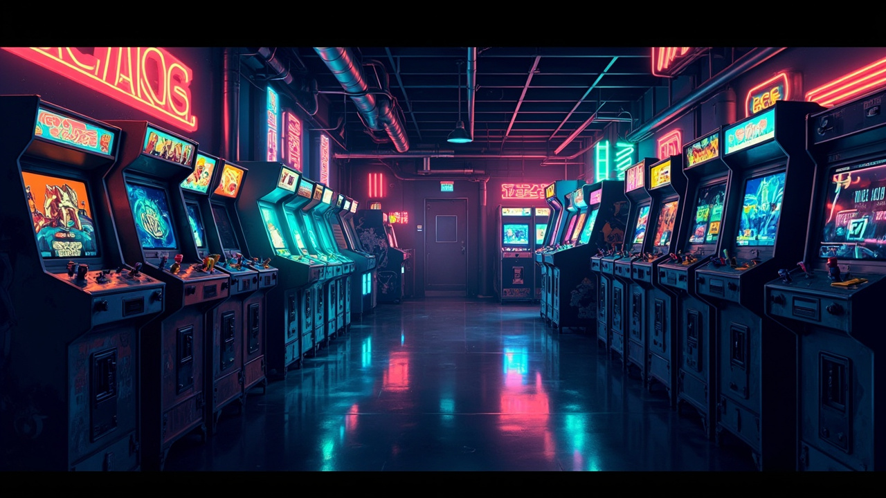 Illustration of a neon-lit retro arcade interior