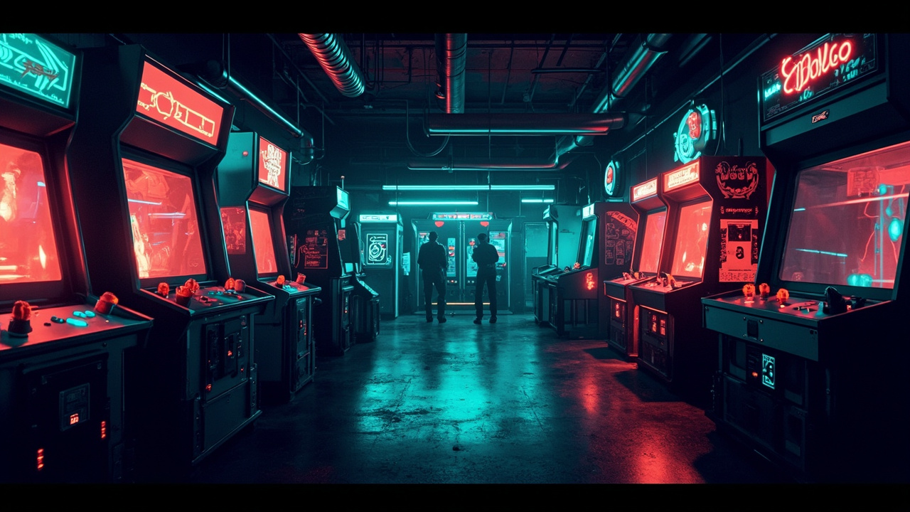 Illustration of a neon-lit retro arcade interior