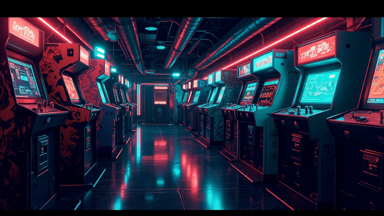 Illustration of a neon-lit retro arcade interior