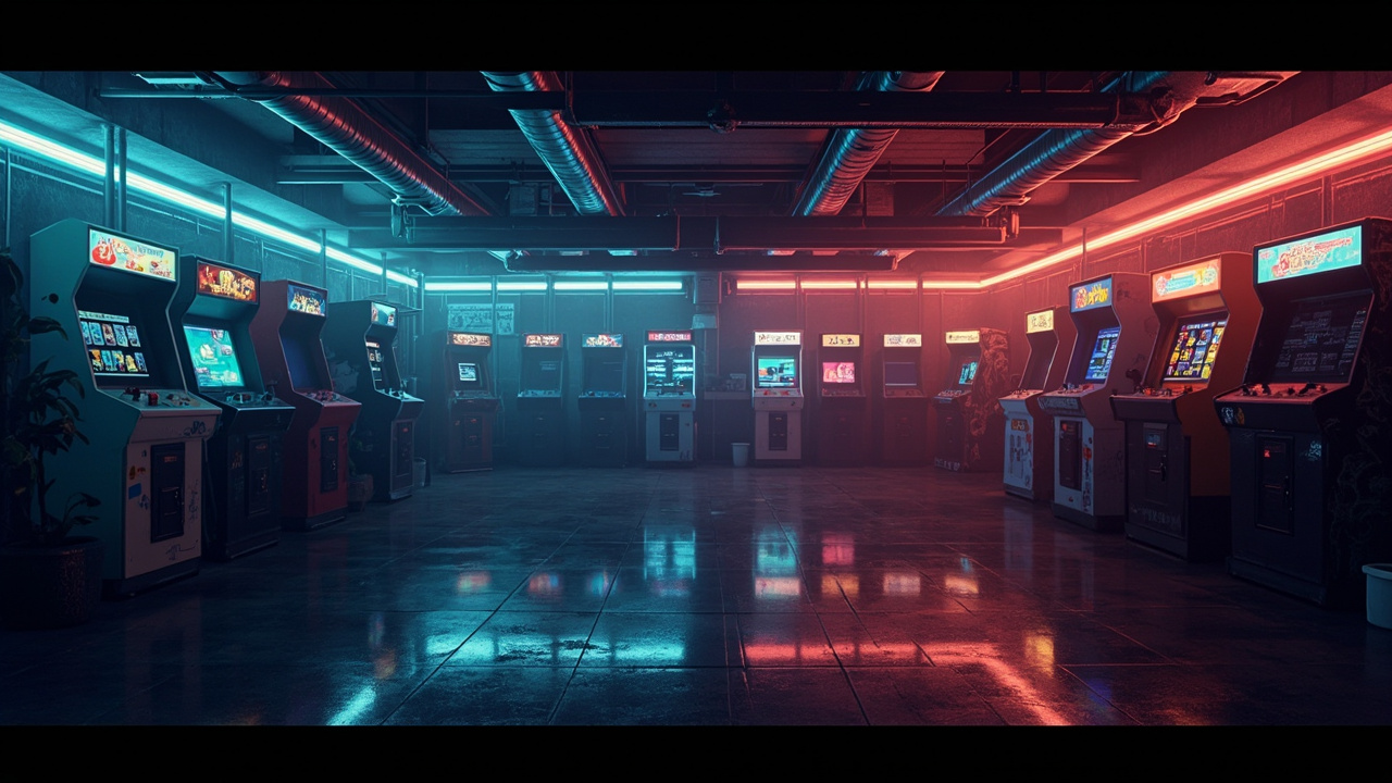 Illustration of a neon-lit retro arcade interior