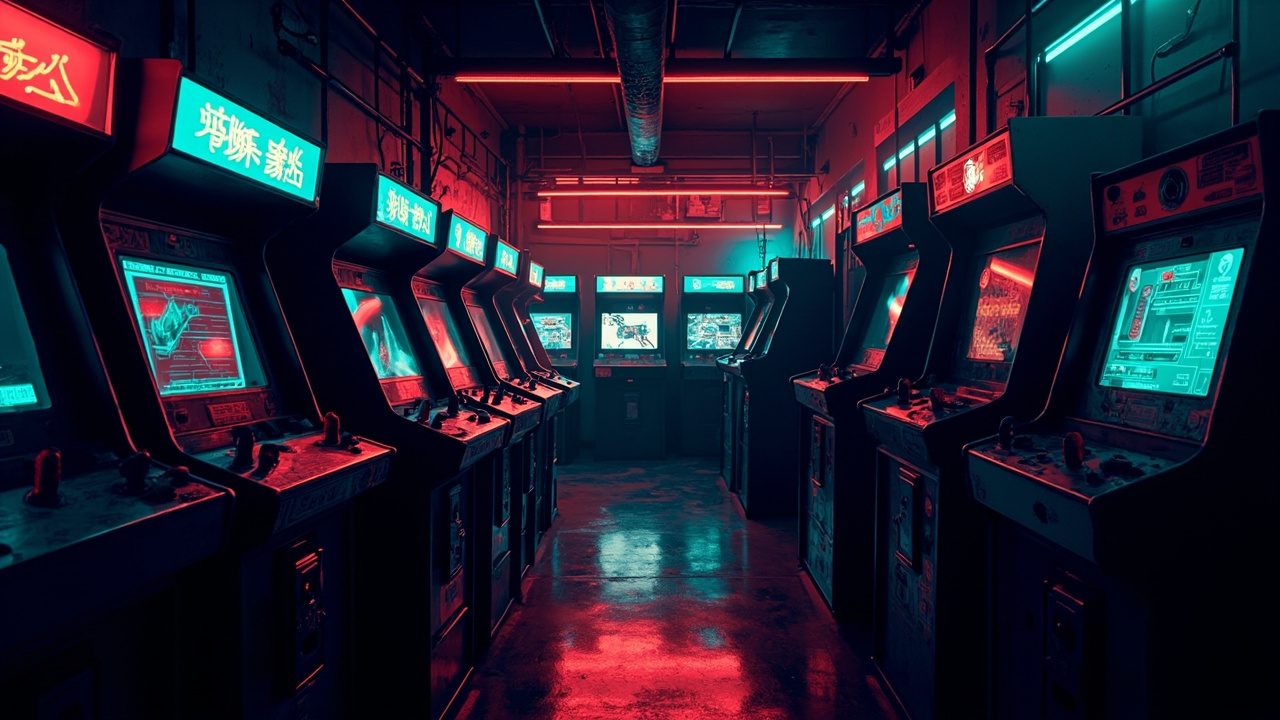 Illustration of a neon-lit retro arcade interior